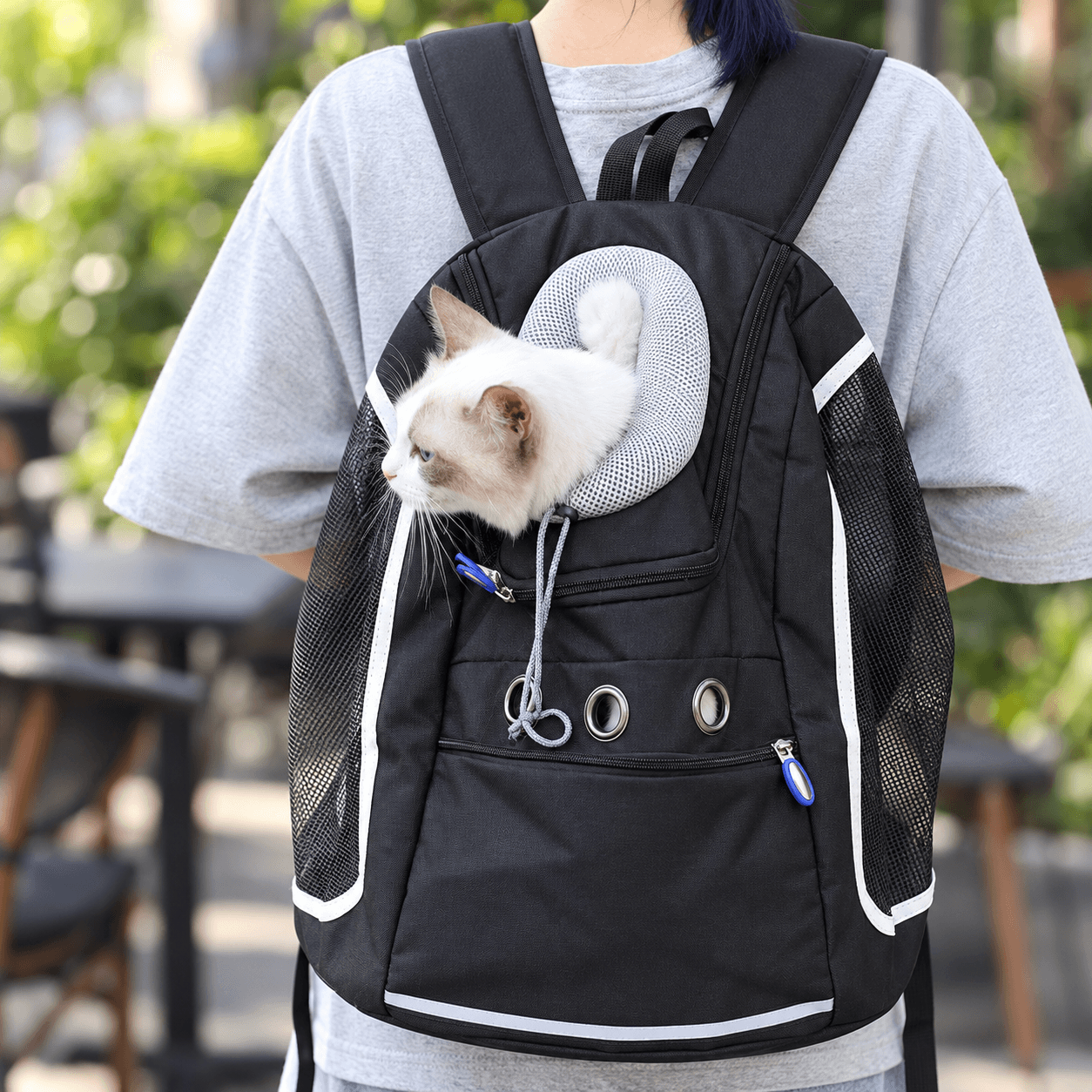 Black MEWLIO PurrSuit cat backpack worn outdoors