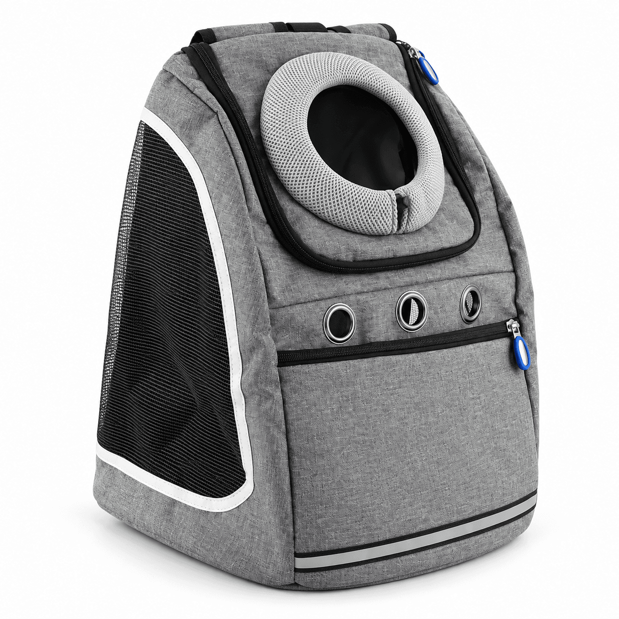 Grey MEWLIO PurrSuit cat backpack angled view